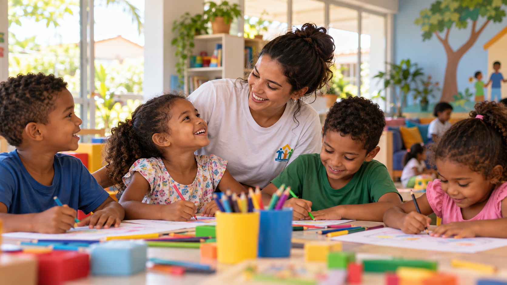 Imagem ilustrativa de crianças em atividade educativa com cuidadora